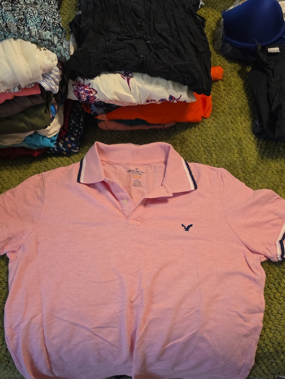 American Eagle Outfitters Pink Polo with Navy Trim - Mens